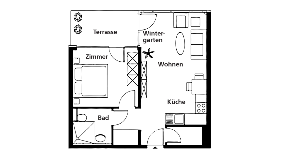 Das Bild zeigt den Grundriss des 2-Raum-Appartements